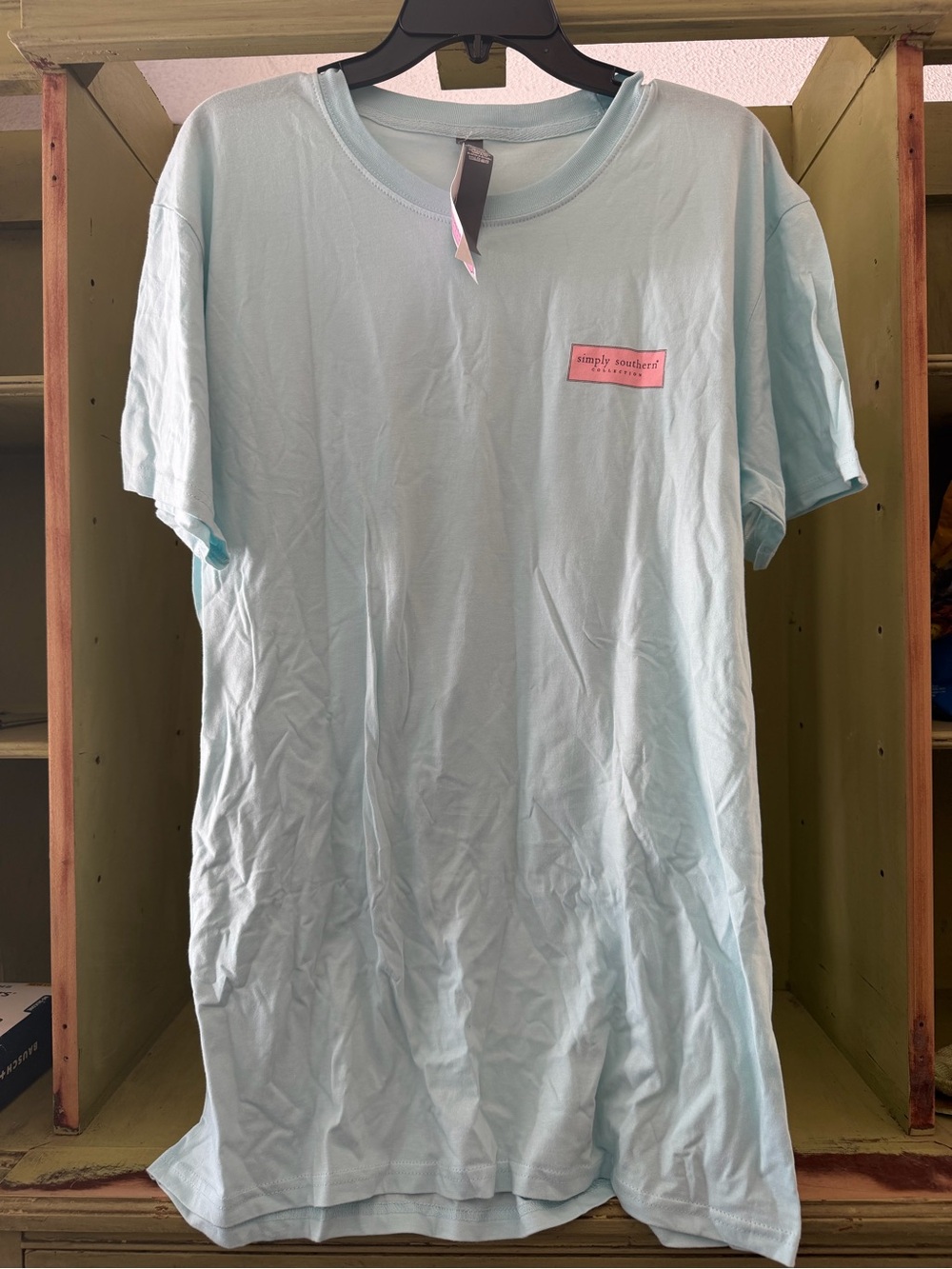 Simply Southern women’s Pale Blue Short Sleeve Tee with Pink Logo Patch